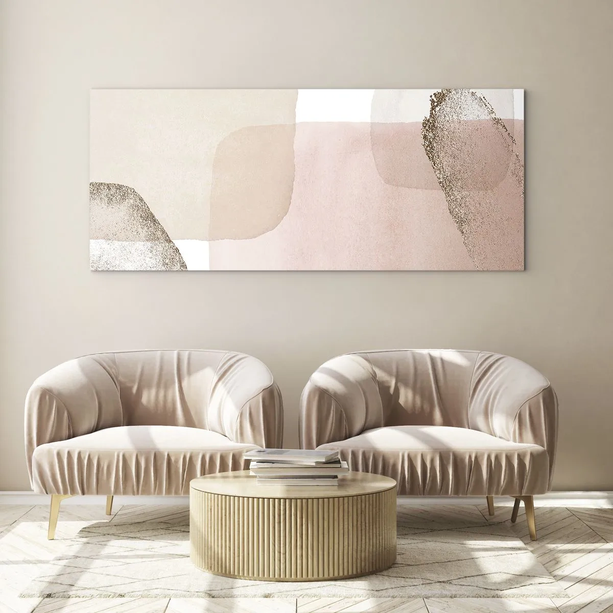 Impression sur verre - Image sur verre - Taches pastel avec éléments dorés - 160x50cm - Regard à travers la couleur - Décoration murale moderne pour le salon et la chambre ARTTOR