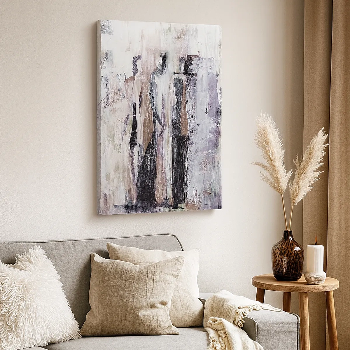 Impression sur toile - Image sur toile - Une composition abstraite avec trois personnages aux couleurs pastel. - 50x70cm - Les trois mystérieux - Décoration murale moderne pour le salon et la chambre ARTTOR