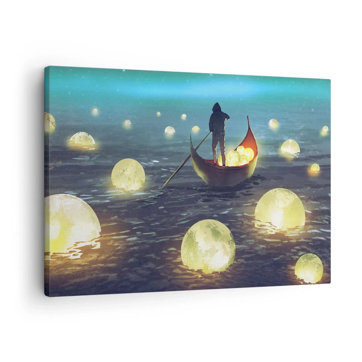 Impression sur toile - Image sur toile - Une silhouette dans un bateau entourée de boules lumineuses sur l'eau - 70x50cm - Des choses dont les philosophes n'ont jamais rêvé - Décoration murale moderne pour le salon et la chambre ARTTOR