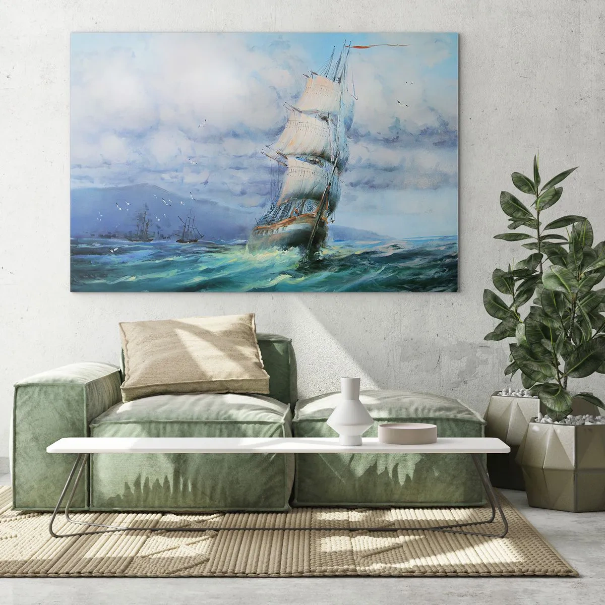 Impression sur verre - Image sur verre - Un navire avec des voiles naviguant sur une mer agitée sous un ciel nuageux - 100x70cm - Vents favorables - Décoration murale moderne pour le salon et la chambre ARTTOR