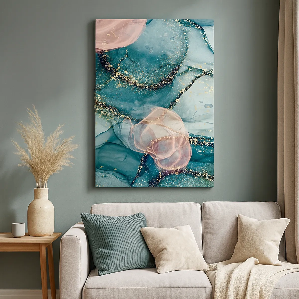 Impression sur toile - Image sur toile - Une composition abstraite dans des tons turquoise et or. - 50x70cm - Soie bleu, tulle rose - Décoration murale moderne pour le salon et la chambre ARTTOR