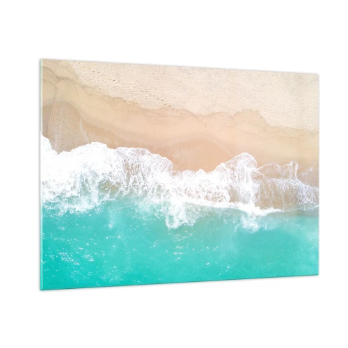 Impression sur verre - Image sur verre - Vue aérienne de la plage avec de l'eau turquoise et des vagues blanches - 100x70cm - Caresse de l'océan - Décoration murale moderne pour le salon et la chambre ARTTOR