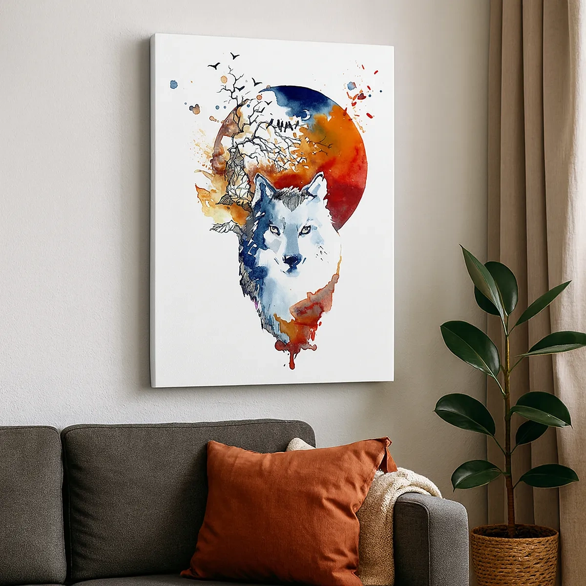 Impression sur toile - Image sur toile - Aquarelle abstraite d'un loup sur fond de lune rouge - 50x70cm - Nez à nez avec la nuit - Décoration murale moderne pour le salon et la chambre ARTTOR