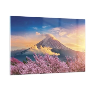 Impression sur verre - Image sur verre - Le mont Fuji en arrière-plan avec des sakura en fleurs au premier plan - 120x80cm - Sainteté japonaise - Décoration murale moderne pour le salon et la chambre ARTTOR