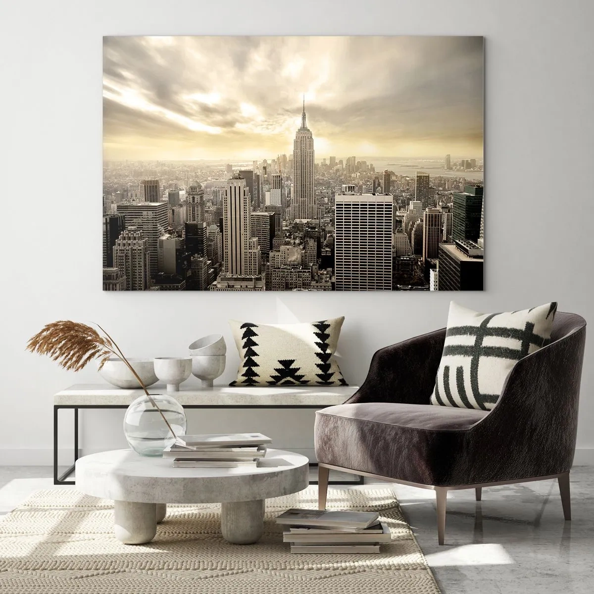 Impression sur verre - Image sur verre - Panorama de la ville avec des gratte-ciels et l'Empire State Building - 120x80cm - New York tissé de gris - Décoration murale moderne pour le salon et la chambre ARTTOR