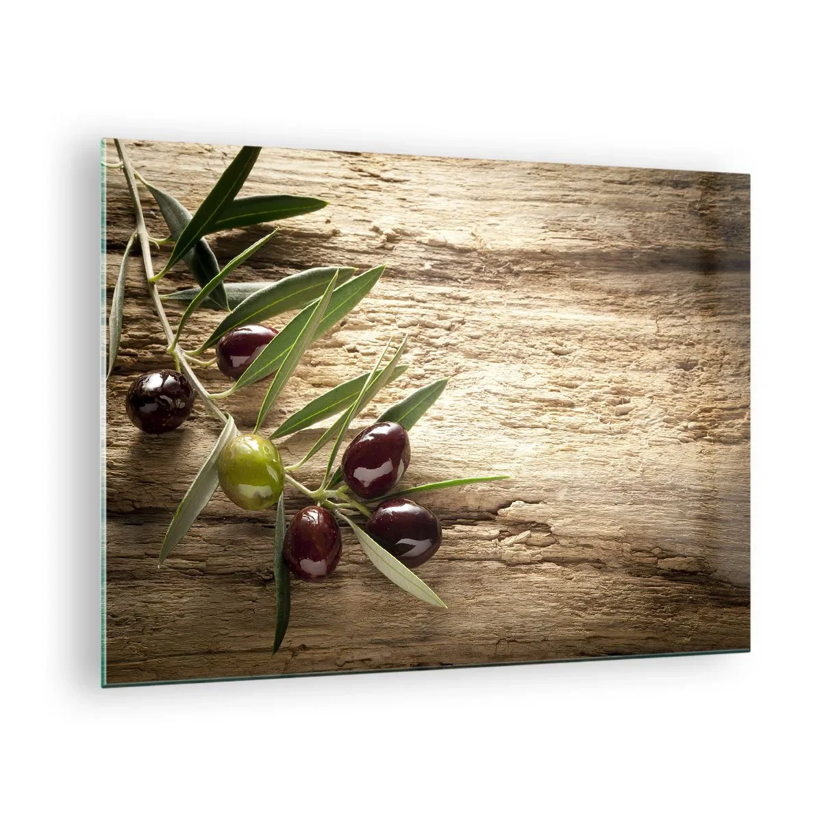 Impression sur verre - Image sur verre - Branche d'olivier sur fond de bois - 70x50cm - Directement de la nature - Décoration murale moderne pour le salon et la chambre ARTTOR