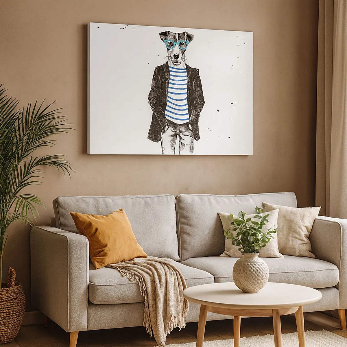 Impression sur toile - Image sur toile - Portrait d'un chien portant des lunettes et une chemise de marin dans un style humoristique - 70x50cm - Un charme de chien - Décoration murale moderne pour le salon et la chambre ARTTOR