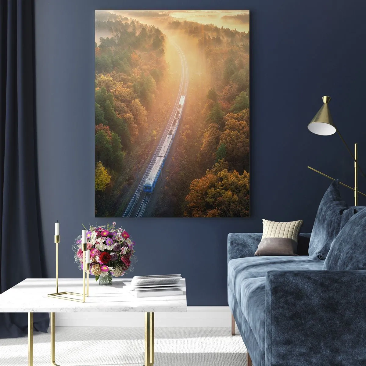 Impression sur verre - Image sur verre - Un train dans une forêt d'automne à l'aube - 80x120cm - Voyage printannier - Décoration murale moderne pour le salon et la chambre ARTTOR