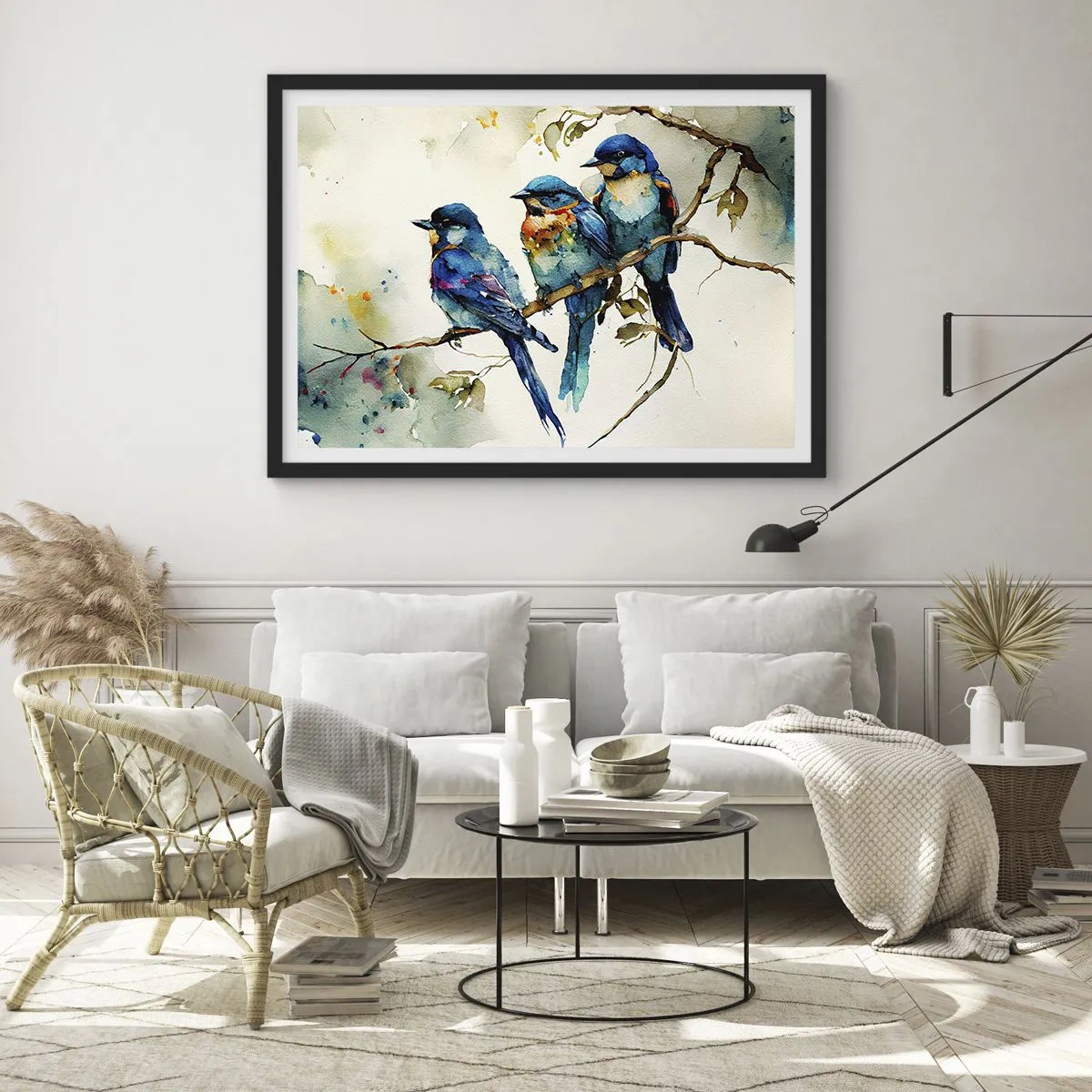 Affiche dans un cadre noir - Poster - Trois oiseaux colorés sur une branche dans un style aquarelle - 70x50cm - A-t-il été offensé ? - Décoration murale moderne pour le salon et la chambre ARTTOR