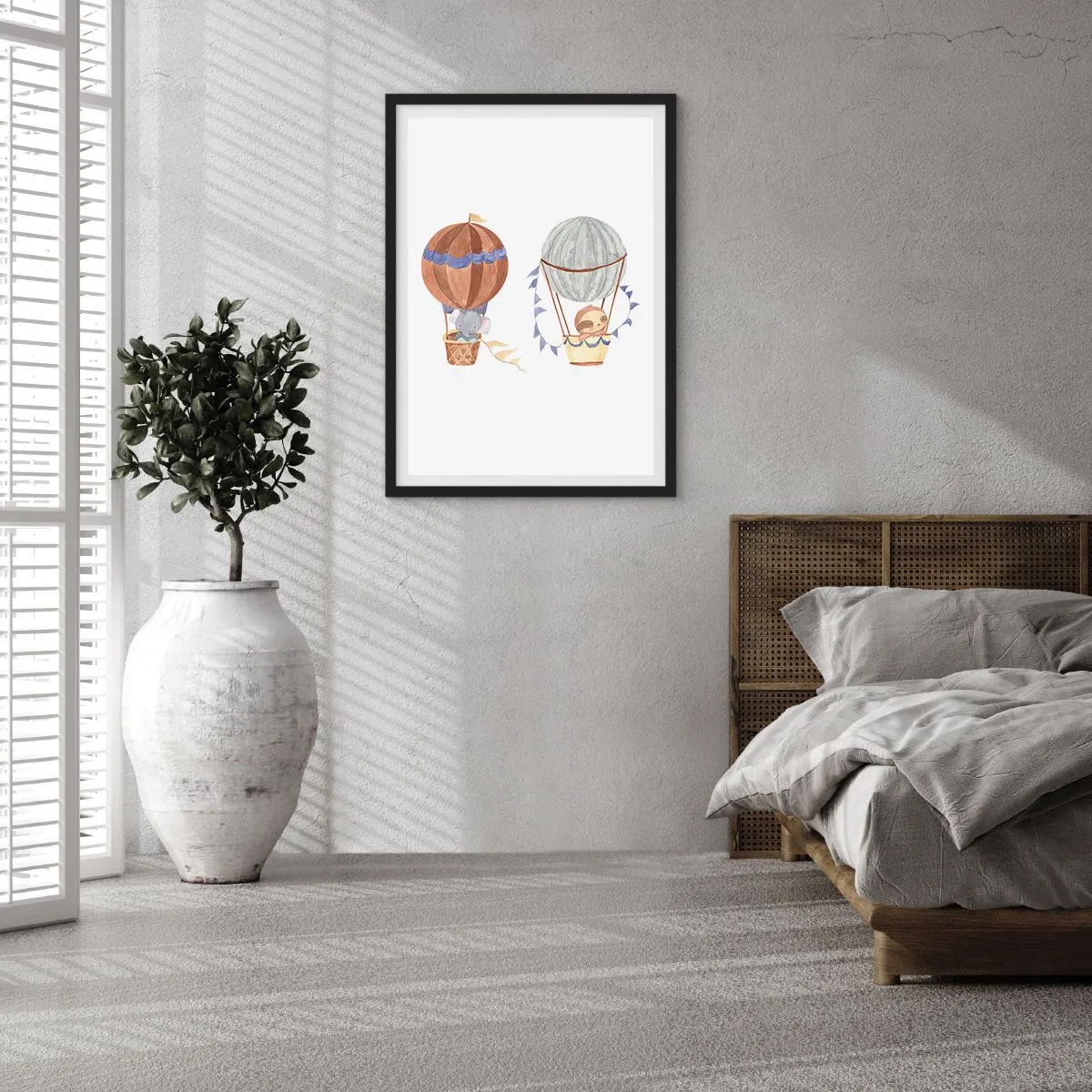 Affiche dans un cadre noir - Poster - Animaux mignons dans des ballons sur fond blanc dans un style aquarelle - 50x70cm - Compagnons de voyage - Décoration murale moderne pour le salon et la chambre ARTTOR