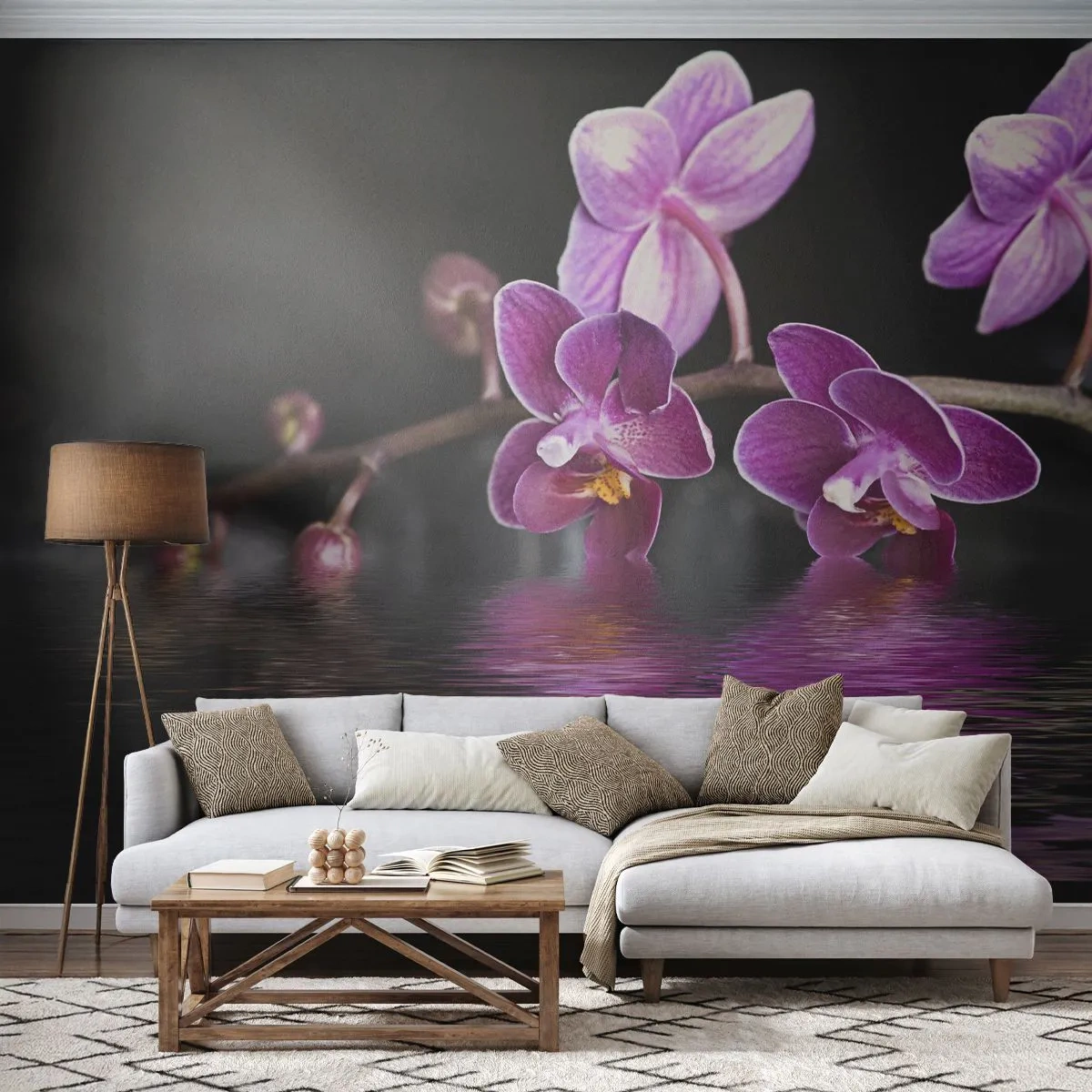 Papier Peint Photo Premium Sand - Orchidées violettes sur une surface d'eau sur fond noir - 100x70cm - Reflet lilas de la beauté - Décoration murale moderne pour le salon et la chambre ARTTOR