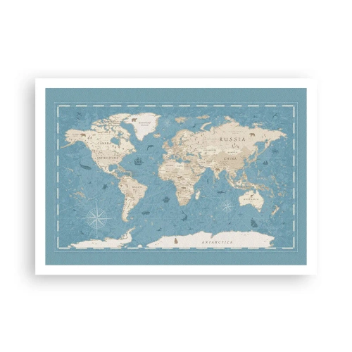 Affiche - Poster - Carte du monde décorative dans les tons bleu et beige - 100x70cm - Le monde à porter de main - Décoration murale moderne pour le salon et la chambre ARTTOR