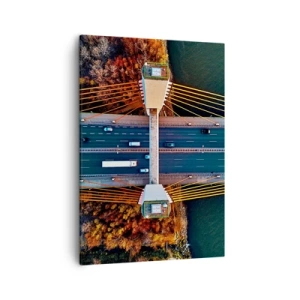 Impression sur toile - Image sur toile - Vue aérienne du pont sur la rivière et du paysage d'automne - 50x70cm - Au dessus de l'eau et de la forêt - Décoration murale moderne pour le salon et la chambre ARTTOR