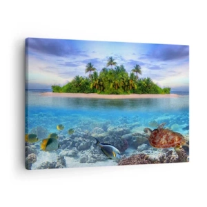 Impression sur toile - Image sur toile - Une île tropicale entourée d'un océan turquoise avec un récif de corail et des poissons. - 70x50cm - L'île céleste vous invite - Décoration murale moderne pour le salon et la chambre ARTTOR