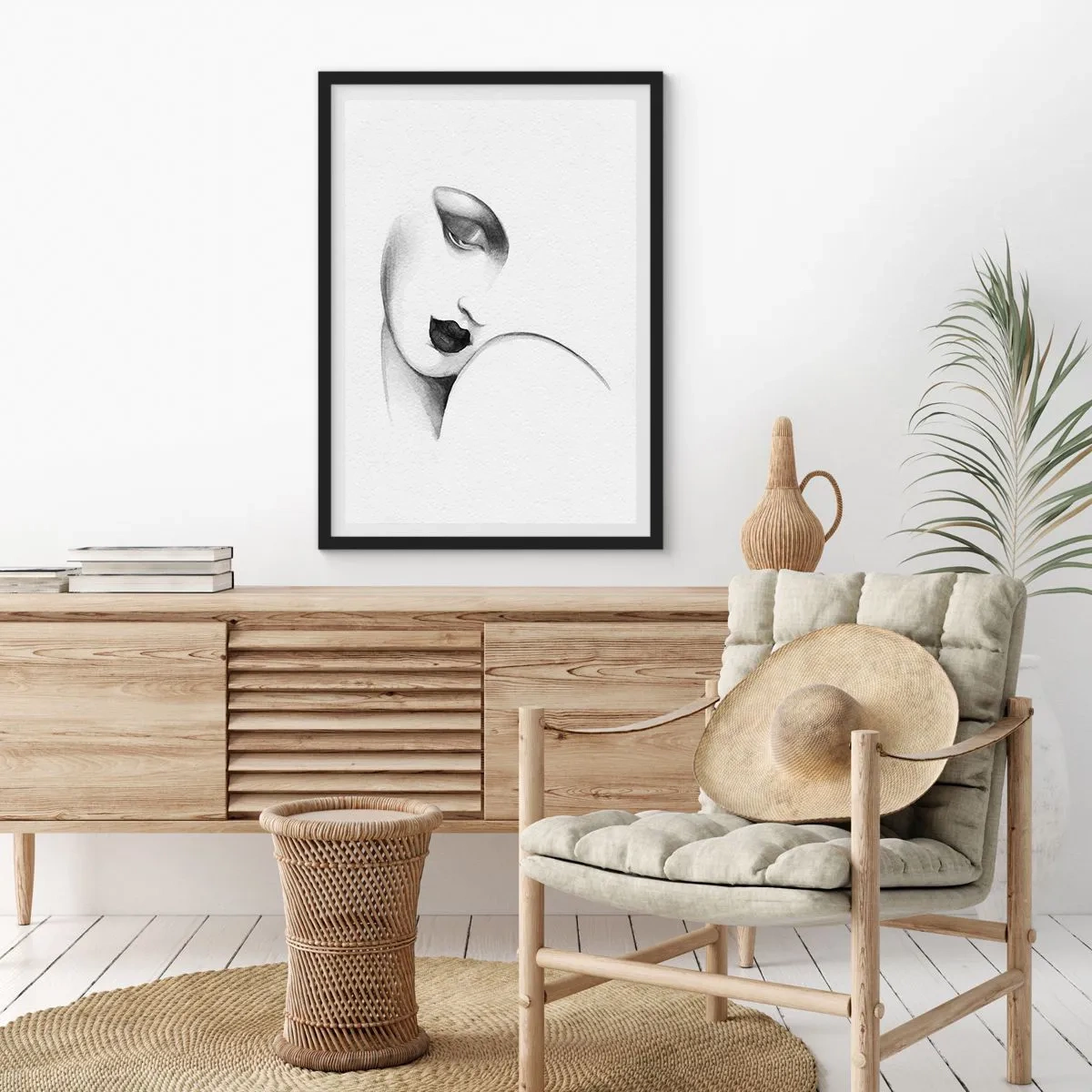 Affiche dans un cadre noir - Poster - Un portrait subtil d'une femme en noir et blanc - 50x70cm - Dans le style de Lempicka - Décoration murale moderne pour le salon et la chambre ARTTOR