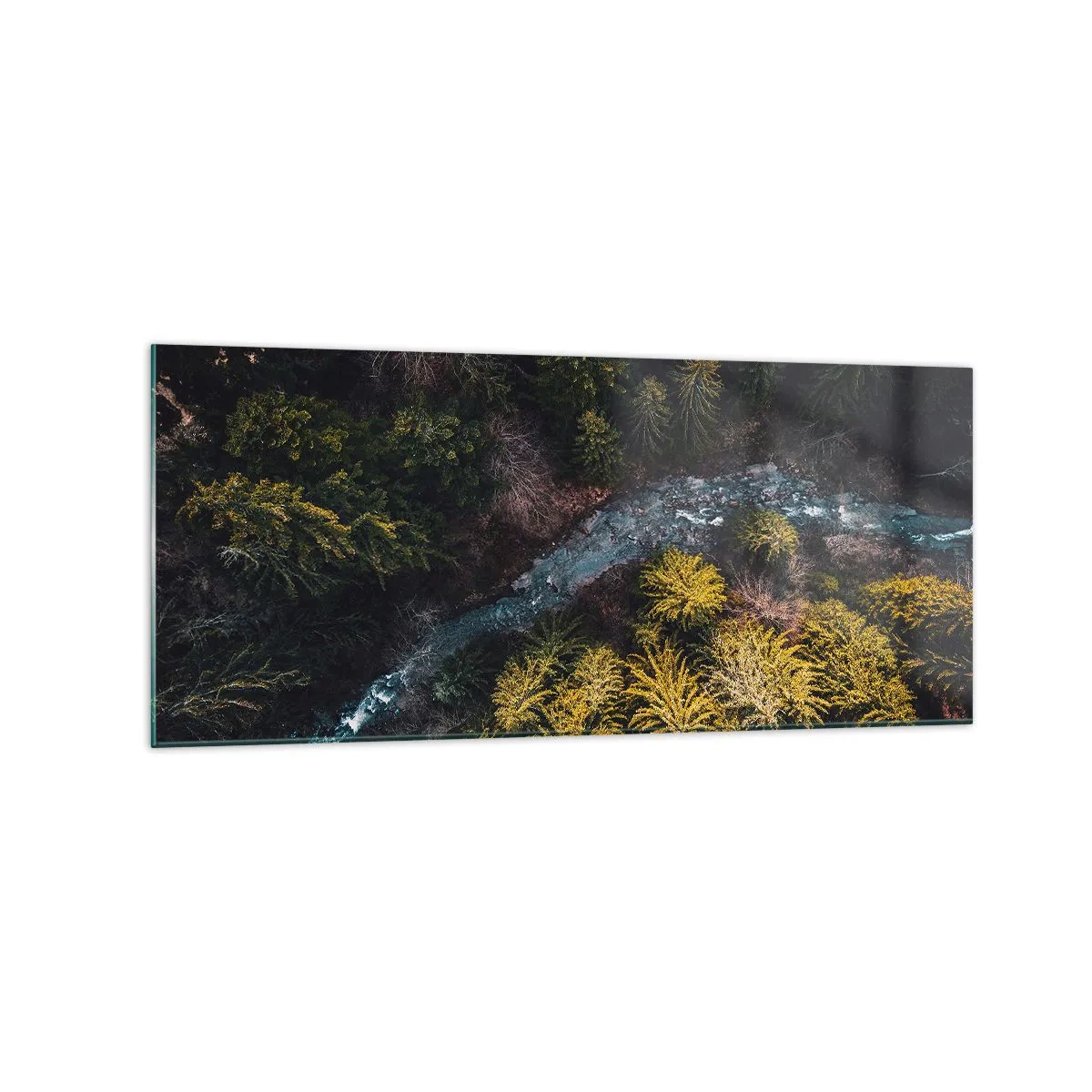 Impression sur verre - Image sur verre - Vue d'en haut d'une forêt avec une rivière sinueuse - 120x50cm - De plus en plus vite - Décoration murale moderne pour le salon et la chambre ARTTOR