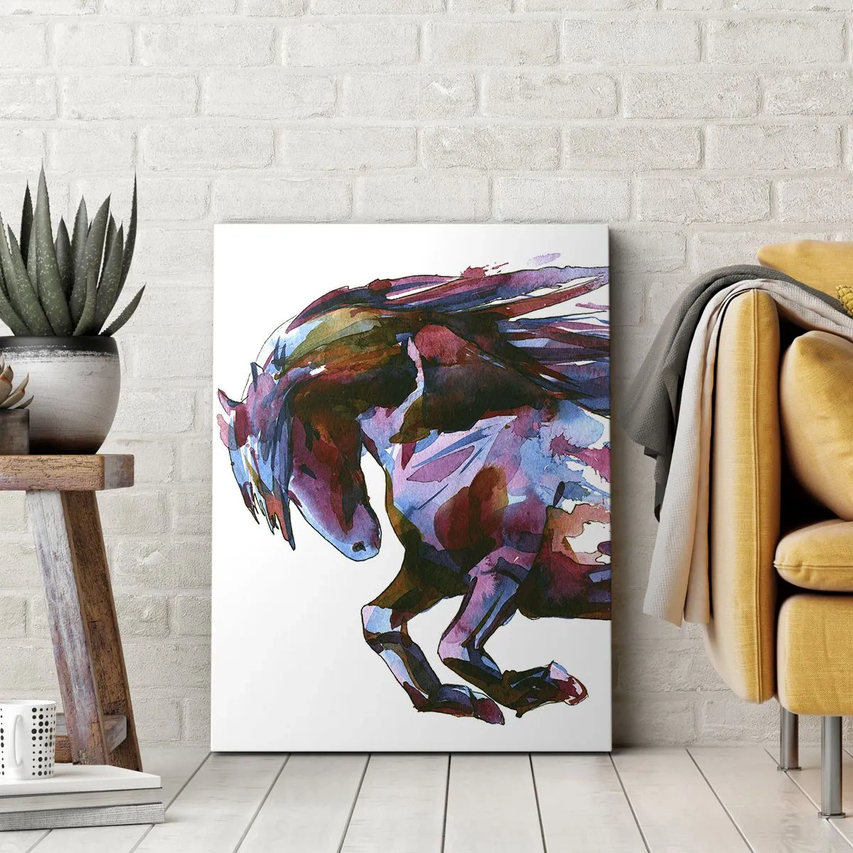 Impression sur toile - Image sur toile - Un cheval aux couleurs abstraites dynamiques symbolisant la liberté - 80x120cm - Dans le ravissement - Décoration murale moderne pour le salon et la chambre ARTTOR