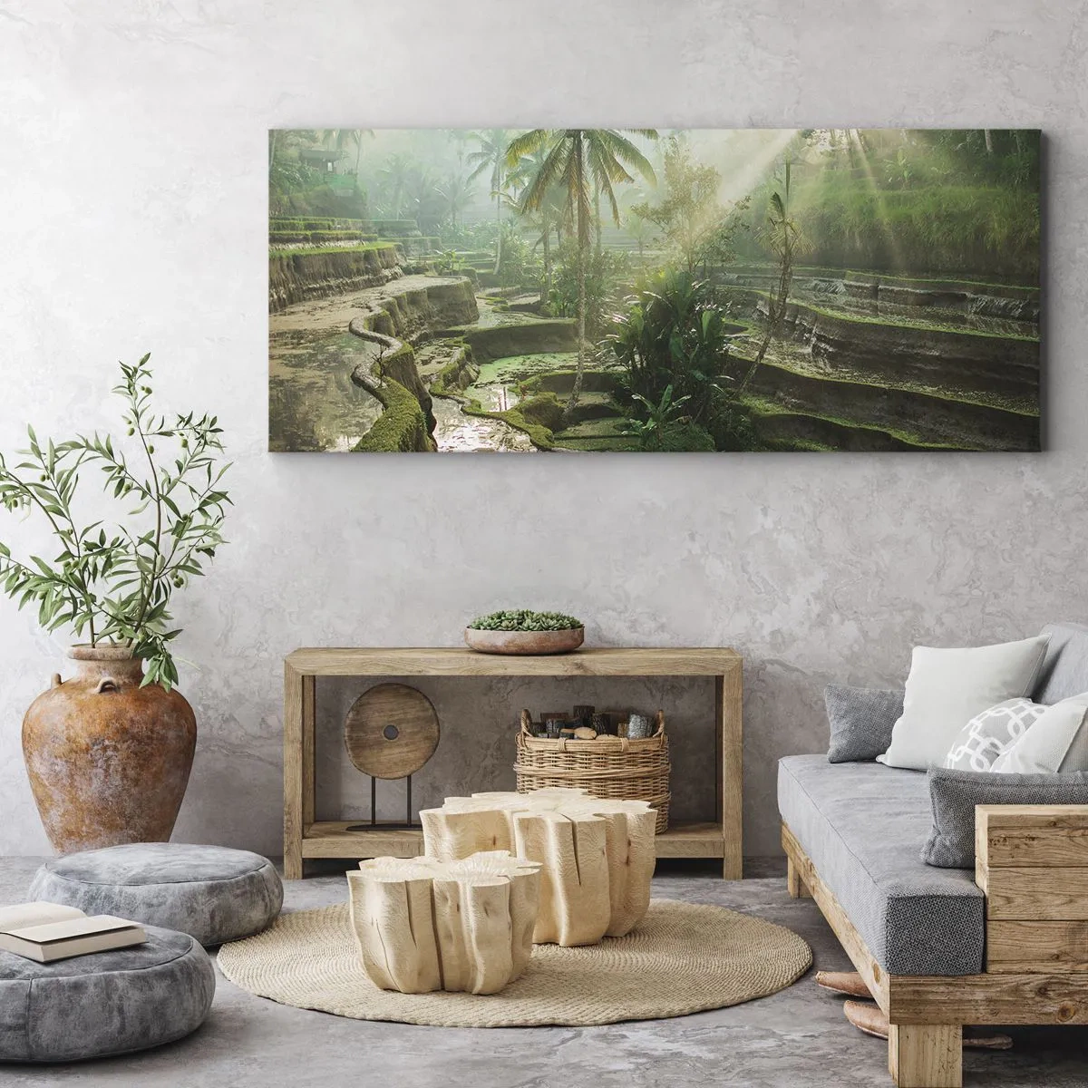 Impression sur toile - Image sur toile - Rizières en terrasses avec palmiers sous les rayons du soleil - 120x50cm - Grandir au soleil - Décoration murale moderne pour le salon et la chambre ARTTOR