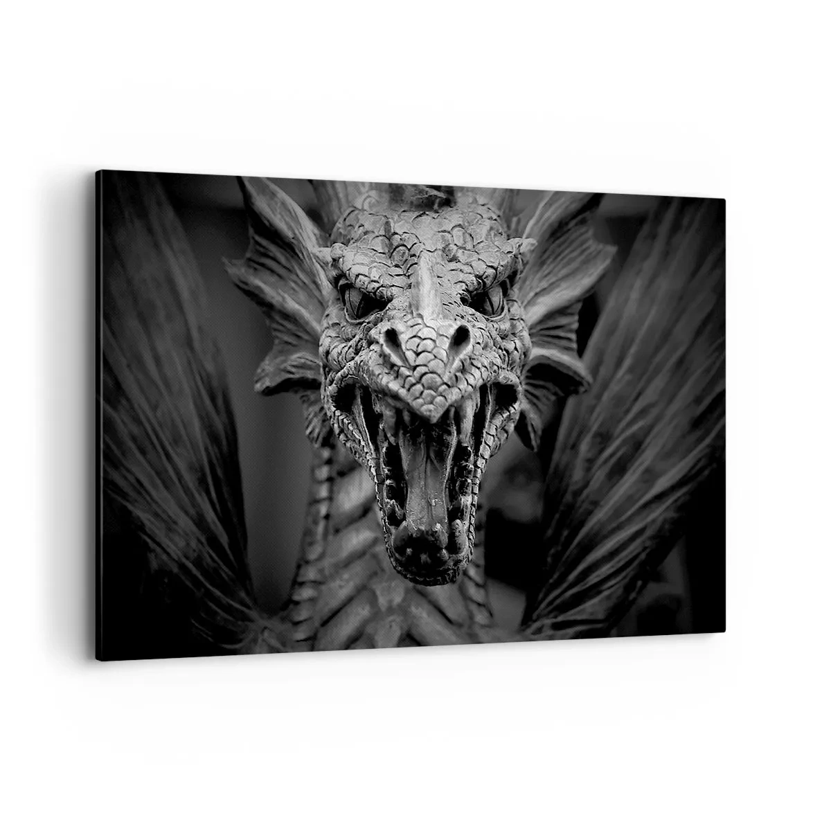 Impression sur toile - Image sur toile - Une tête de dragon menaçante en noir et blanc avec des détails expressifs. - 120x80cm - Un dragon imaginaire grisâtre - Décoration murale moderne pour le salon et la chambre ARTTOR