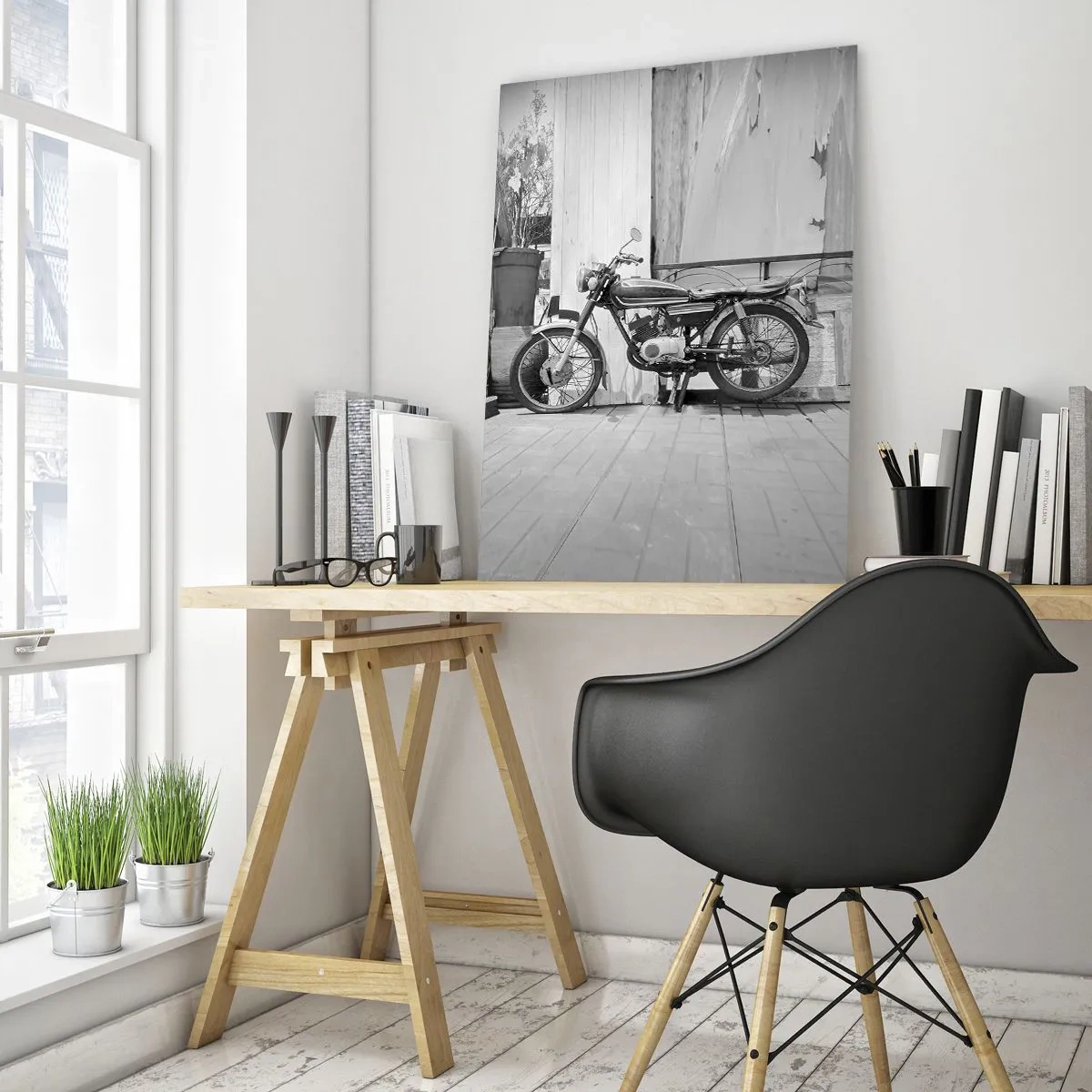 Impression sur verre - Image sur verre - Une moto de style rétro debout contre un mur en bois - 50x70cm - Classique au dessus de tout - Décoration murale moderne pour le salon et la chambre ARTTOR
