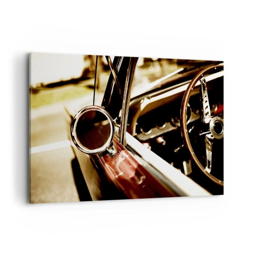 Impression sur toile - Image sur toile - Gros plan du miroir et de l'intérieur d'une voiture rétro classique - 100x70cm - Auto avec une âme - Décoration murale moderne pour le salon et la chambre ARTTOR