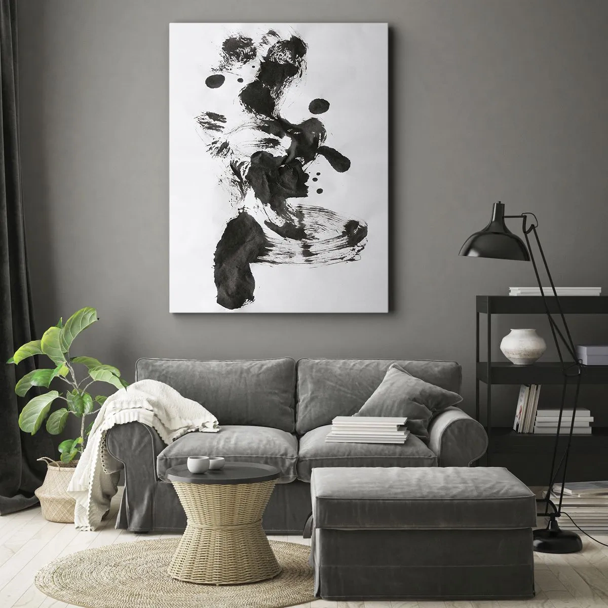 Impression sur toile - Image sur toile - Composition abstraite de taches noires sur fond blanc - 50x70cm - De la méthode dans la folie ? - Décoration murale moderne pour le salon et la chambre ARTTOR