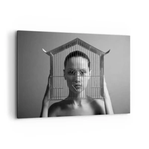 Impression sur toile - Image sur toile - Femme derrière une cage dans un style surréaliste - 100x70cm - Portrait un peu surréaliste - Décoration murale moderne pour le salon et la chambre ARTTOR