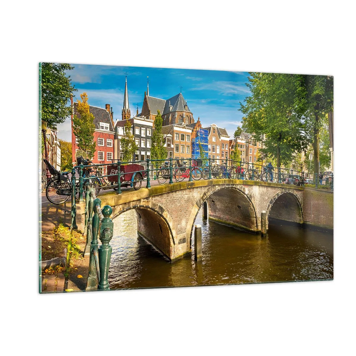 Impression sur verre - Image sur verre - Un pont sur un canal entouré d'architecture historique et de verdure - 120x80cm - Le printemps sur le canal - Décoration murale moderne pour le salon et la chambre ARTTOR
