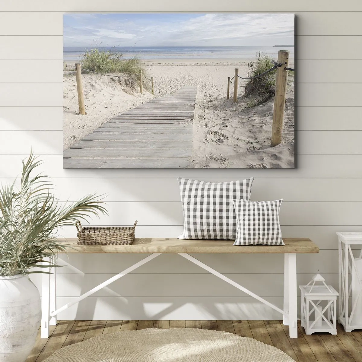 Impression sur toile - Image sur toile - Un chemin de planches menant à une plage de sable - 100x70cm - A l'horizon - Décoration murale moderne pour le salon et la chambre ARTTOR