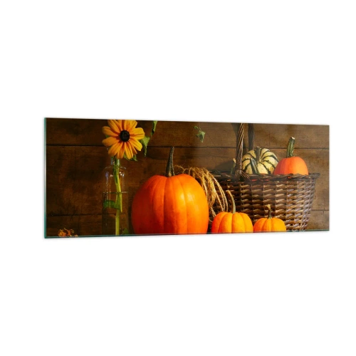 Impression sur verre - Image sur verre - Composition d'automne avec citrouilles et fleurs sur fond de bois - 140x50cm - Une composition rustique - cadeaux d'automne - Décoration murale moderne pour le salon et la chambre ARTTOR