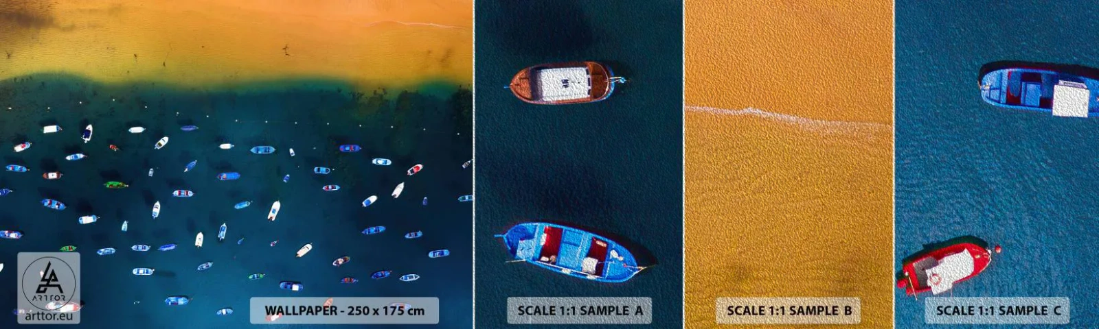 Échantillon de Papier Peint Premium Sand - Jeu de vacances - Bateaux, Plage, Côte - 100x30 cm