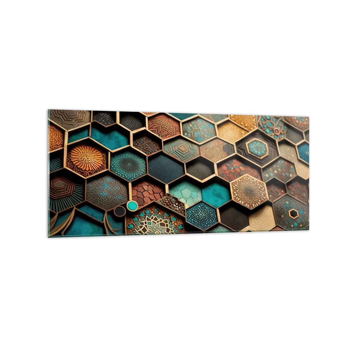 Impression sur verre - Image sur verre - Ornements colorés aux motifs hexagonaux - 120x50cm - Ornements arabes – variation - Décoration murale moderne pour le salon et la chambre ARTTOR