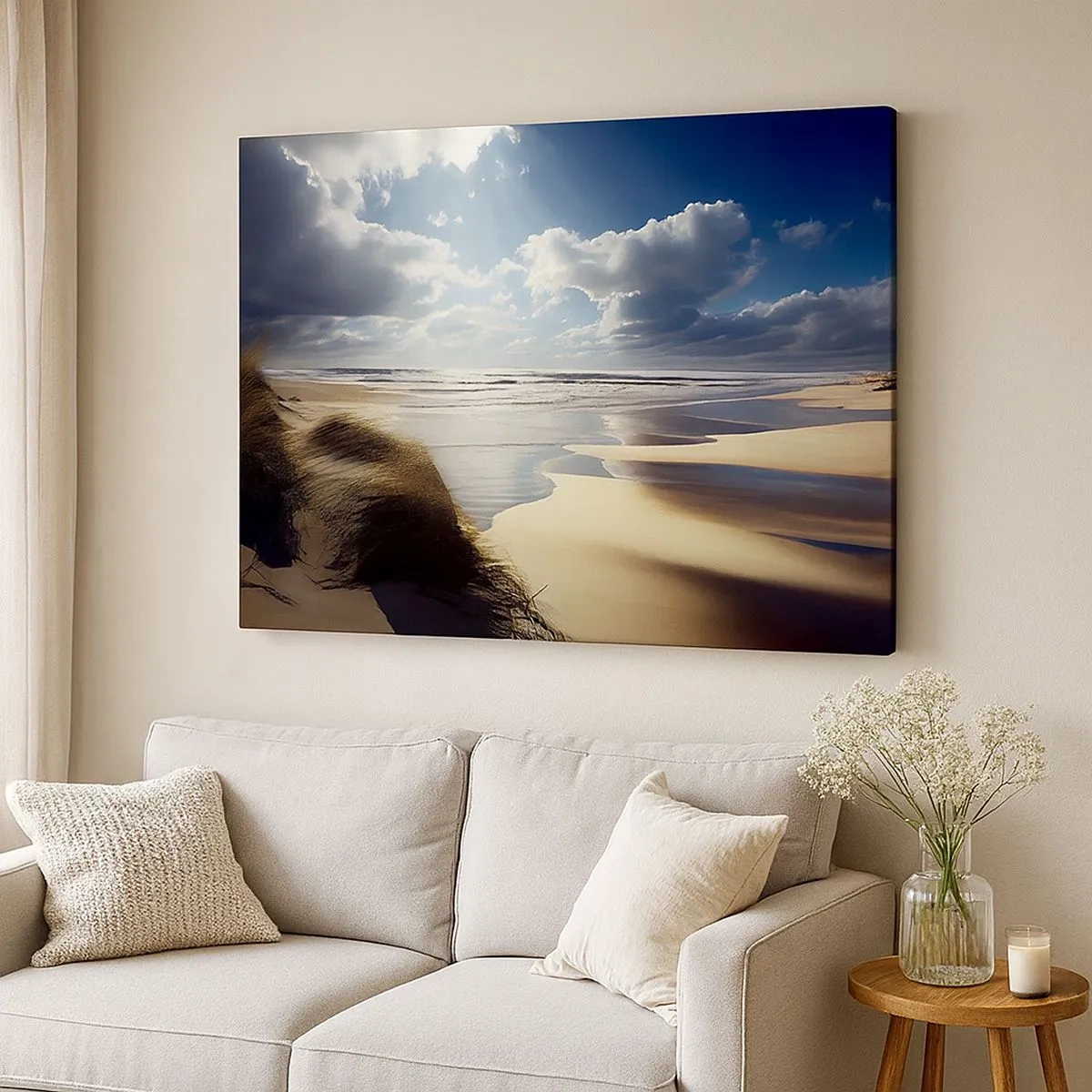 Impression sur toile - Image sur toile - Une plage sauvage avec des dunes et un ciel bleu - 70x50cm - Plage, plage sauvage - Décoration murale moderne pour le salon et la chambre ARTTOR