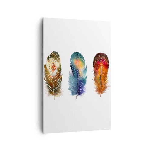 Impression sur toile - Image sur toile - Trois plumes colorées avec des motifs artistiques sur un fond clair - 80x120cm - Rituels, cérémonies, secrets - Décoration murale moderne pour le salon et la chambre ARTTOR