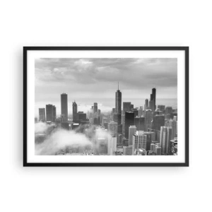 Affiche dans un cadre noir - Poster - Panorama de la ville avec des gratte-ciels dans les nuages en noir et blanc - 70x50cm - Paysage américain - Décoration murale moderne pour le salon et la chambre ARTTOR