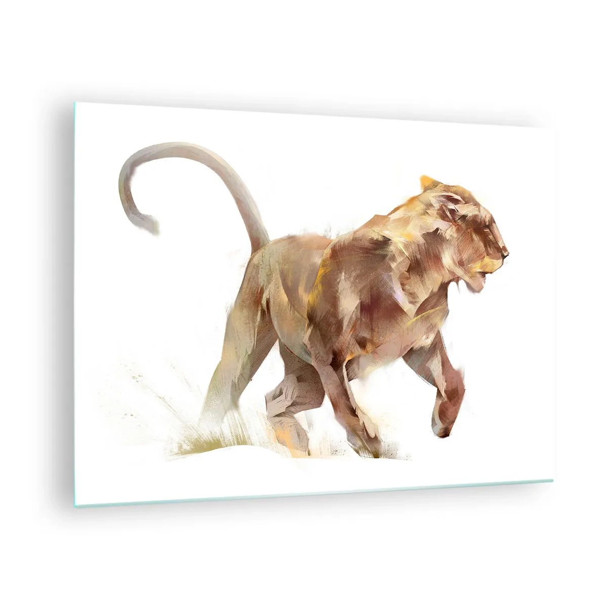 Impression sur verre - Image sur verre - Silhouette dynamique d'un lion dans un style artistique sur fond blanc - 70x50cm - Grâce sauvage - Décoration murale moderne pour le salon et la chambre ARTTOR