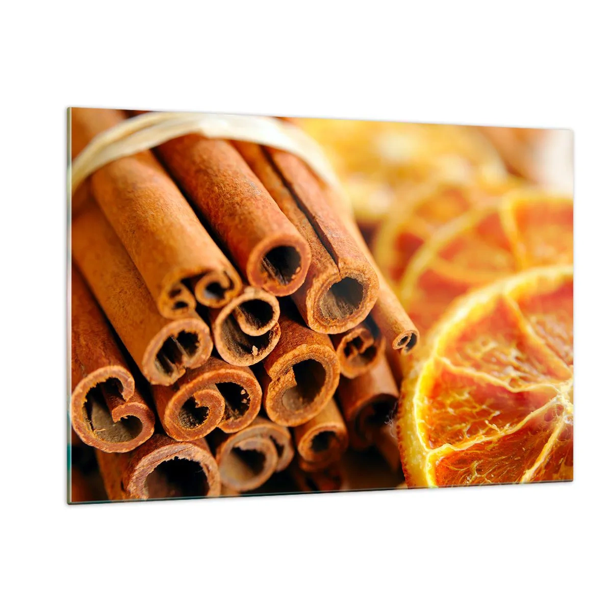 Impression sur verre - Image sur verre - Gros plan sur des bâtons de cannelle et des tranches d'orange séchées - 120x80cm - Sentez-vous leurs odeurs? - Décoration murale moderne pour le salon et la chambre ARTTOR