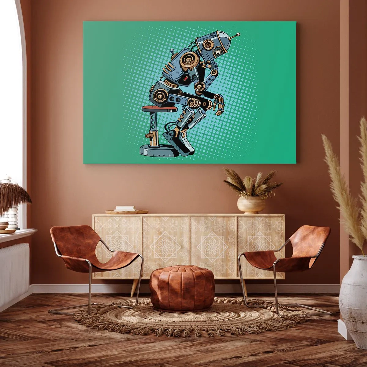 Impression sur toile - Image sur toile - Robot penseur de style pop art sur fond vert - 70x50cm - Au-dessus de l'essence de l'être - Décoration murale moderne pour le salon et la chambre ARTTOR