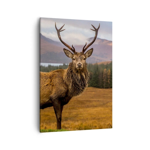 Impression sur toile - Image sur toile - Un cerf sur fond de paysage de montagne avec des lacs et des forêts - 50x70cm - Majesté de la nature - Décoration murale moderne pour le salon et la chambre ARTTOR