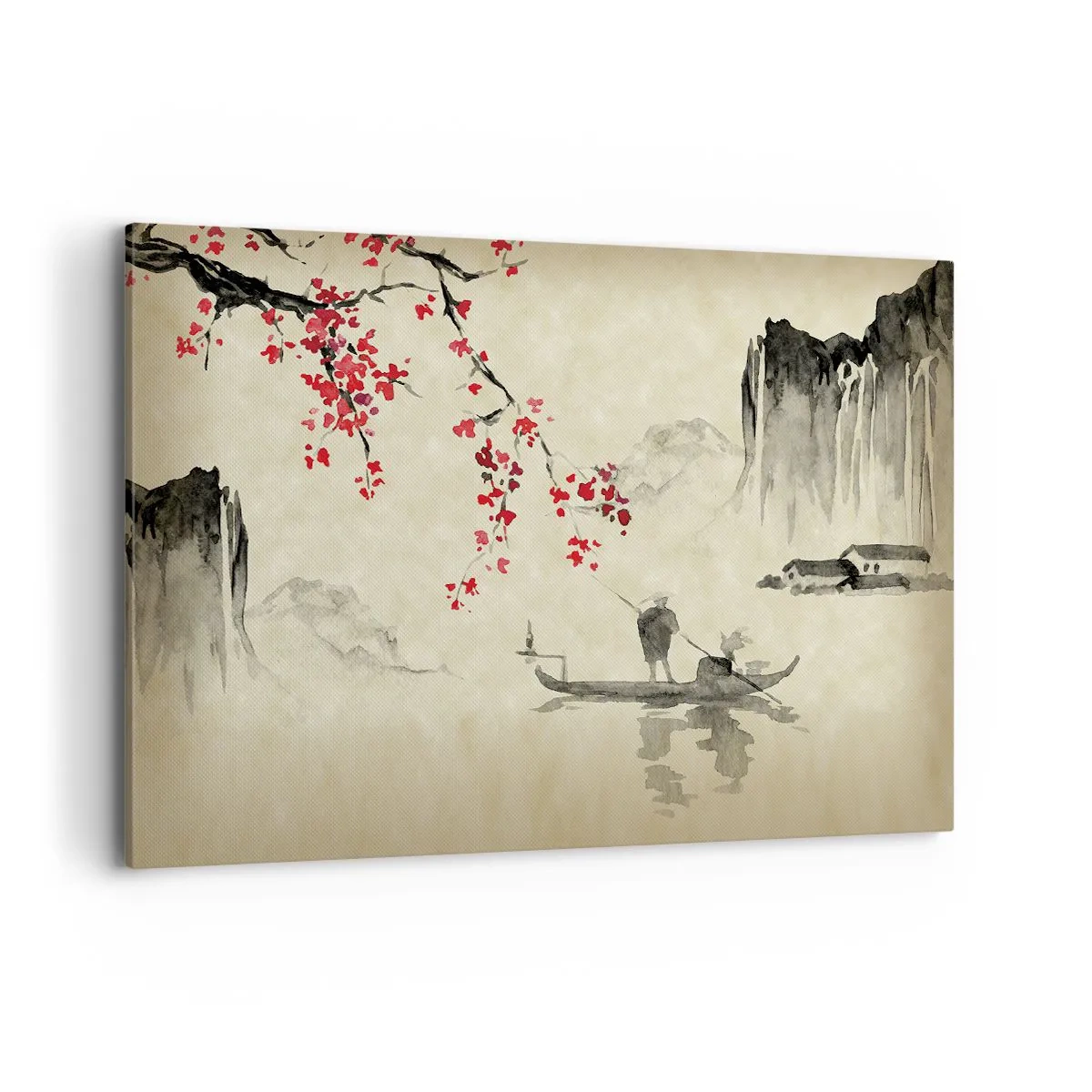 Impression sur toile - Image sur toile - Illustration orientale avec un bateau et une branche fleurie - 120x80cm - Au pays des cerisiers en fleurs - Décoration murale moderne pour le salon et la chambre ARTTOR