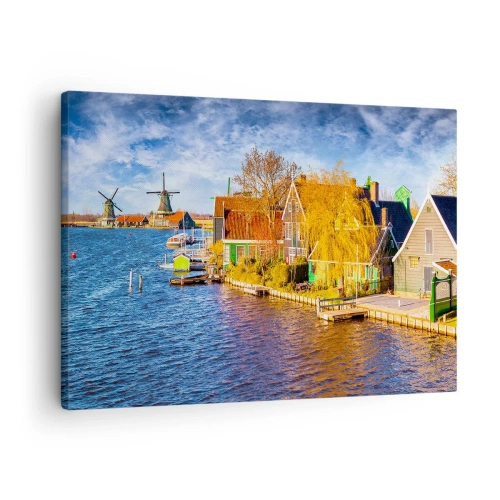 Impression sur toile - Image sur toile - Maisons pittoresques et moulins à vent au bord de l'eau - 70x50cm - C'est pareil depuis des lustres - Décoration murale moderne pour le salon et la chambre ARTTOR