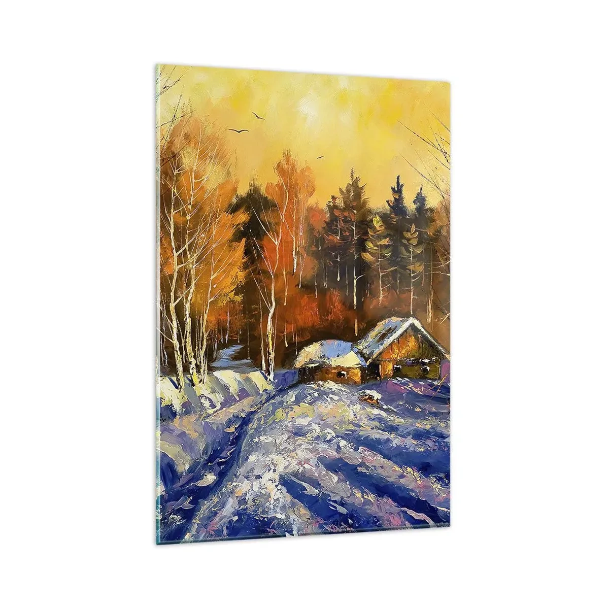 Impression sur verre - Image sur verre - Paysage d'hiver avec une maison à la lumière du soleil couchant - 80x120cm - Impression d'hiver au soleil - Décoration murale moderne pour le salon et la chambre ARTTOR