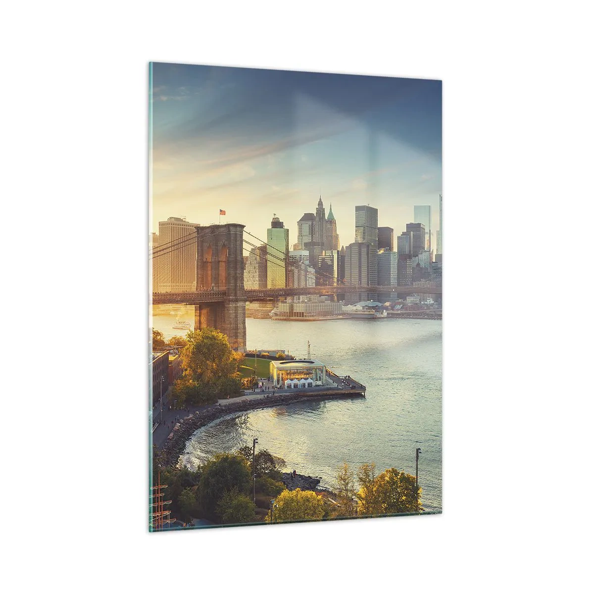 Impression sur verre - Image sur verre - Panorama de New York avec le pont de Brooklyn - 50x70cm - L'aube de la grande ville - Décoration murale moderne pour le salon et la chambre ARTTOR