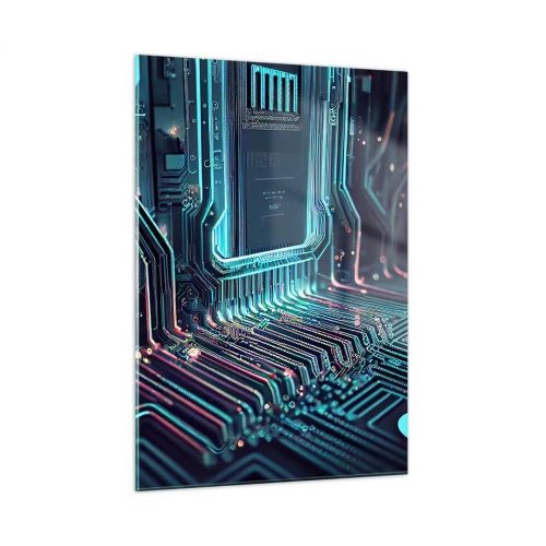 Impression sur verre - Image sur verre - Visualisation au néon des traces du processeur sur fond noir - 50x70cm - Je pense comme ça… - Décoration murale moderne pour le salon et la chambre ARTTOR