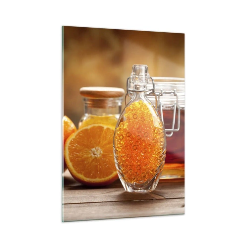 Impression sur verre - Image sur verre - Une bouteille d'huile et une orange sur une table en bois - 50x70cm - Saveurs et arômes ensoleillés - Décoration murale moderne pour le salon et la chambre ARTTOR