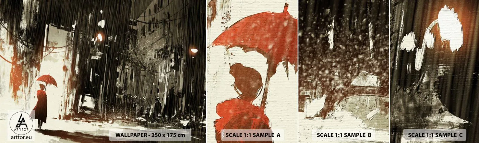 Échantillon de Papier Peint Autocollant Deluxe Sticker - La poésie du parapluie rouge - Ville, Femme, Architecture - 100x30 cm