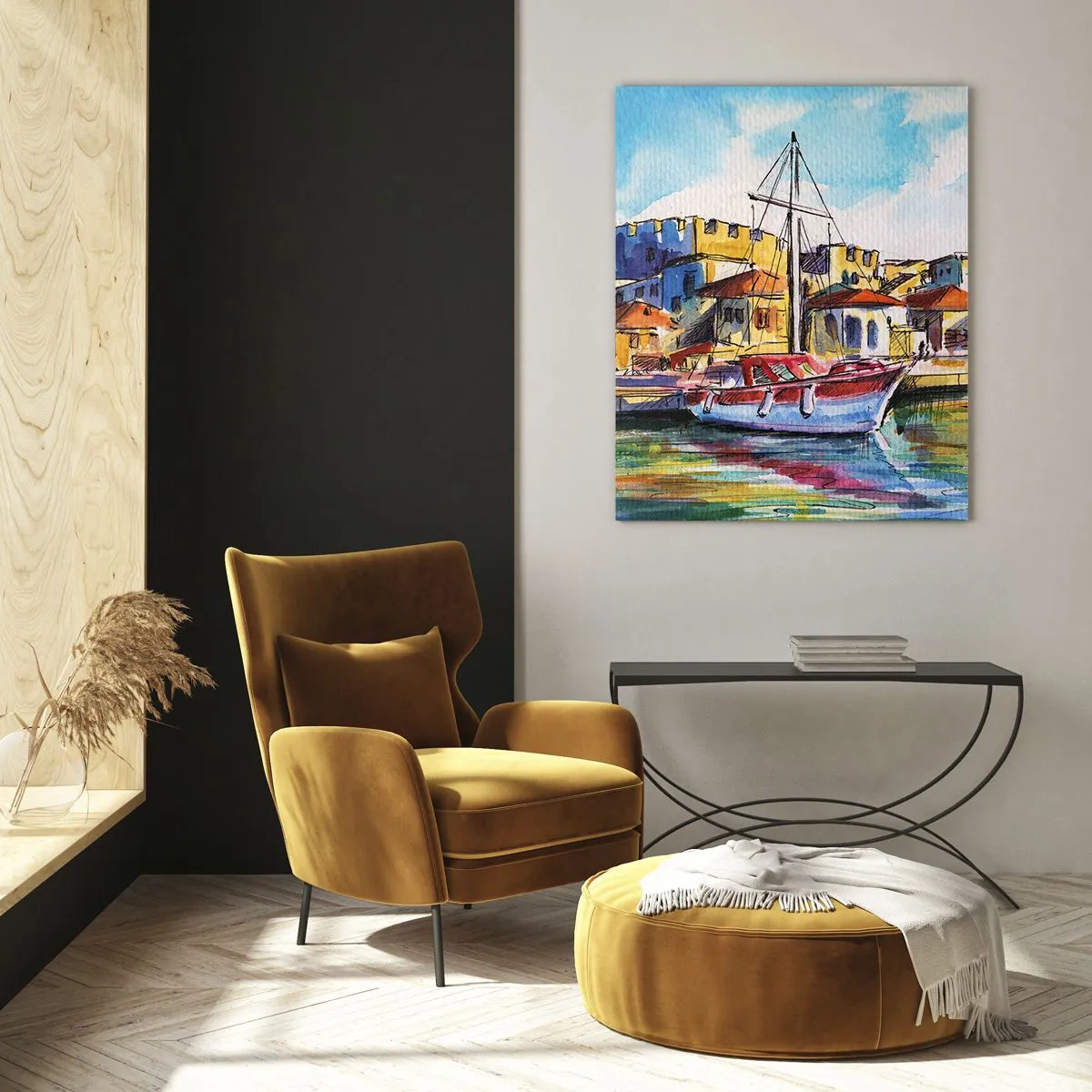 Impression sur verre - Image sur verre - Une marina colorée avec un voilier et une architecture méditerranéenne - 50x70cm - Après-midi arc-en-ciel - Décoration murale moderne pour le salon et la chambre ARTTOR