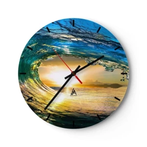 Horloge murale - Pendule murale - Vague de la mer à la lumière du soleil couchant - 30x30cm - Dans un éclat émeraude-or - Décoration murale moderne pour le salon, la cuisine et la chambre ARTTOR