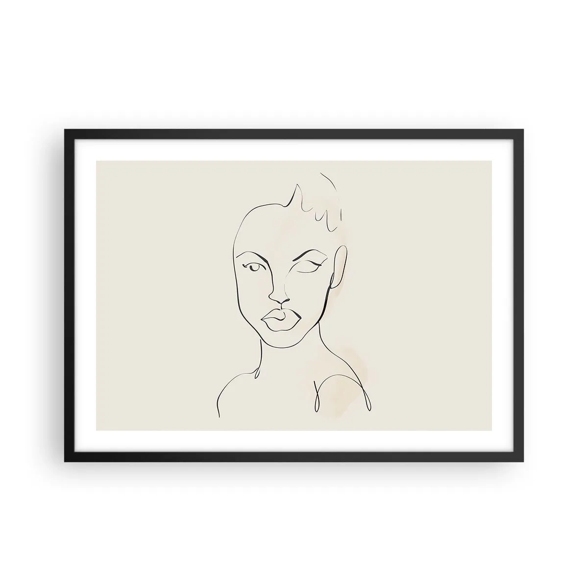Affiche dans un cadre noir - Poster - Croquis minimaliste du visage d'une femme - 70x50cm - Esquisse de la sensualité - Décoration murale moderne pour le salon et la chambre ARTTOR