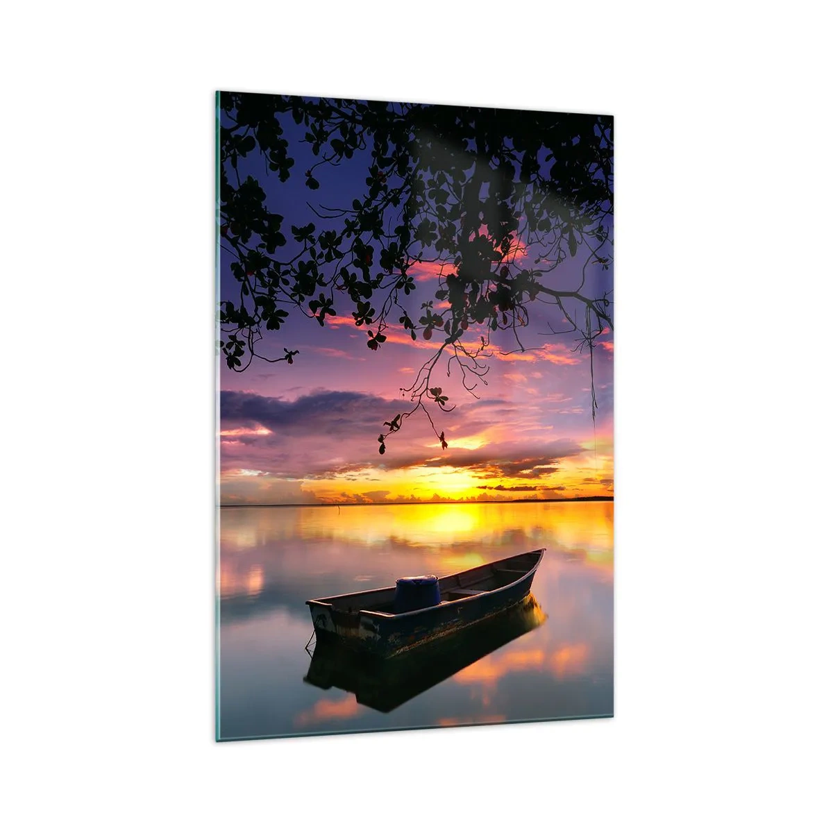 Impression sur verre - Image sur verre - Un bateau sur une eau calme au coucher du soleil - 70x100cm - "Tu sembles suspendu au milieu du ciel..." - Décoration murale moderne pour le salon et la chambre ARTTOR